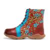 Johnature Damen-Stiefeletten im Ethno-Stil, handgefertigt, aus echtem Leder, mit Kontrastdruck, zum Schnüren, flache Schuhe, kurze Stiefel