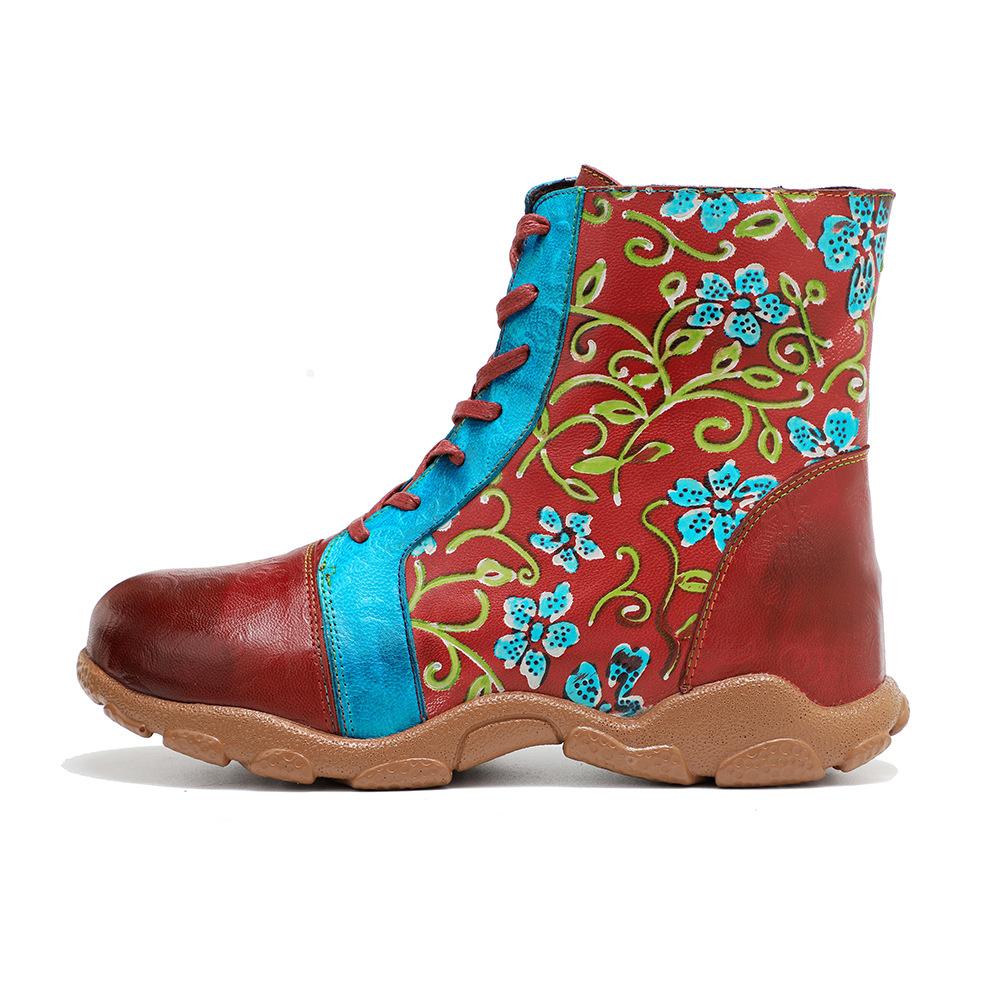 Johnature Damen-Stiefeletten im Ethno-Stil, handgefertigt, aus echtem Leder, mit Kontrastdruck, zum Schnüren, flache Schuhe, kurze Stiefel
