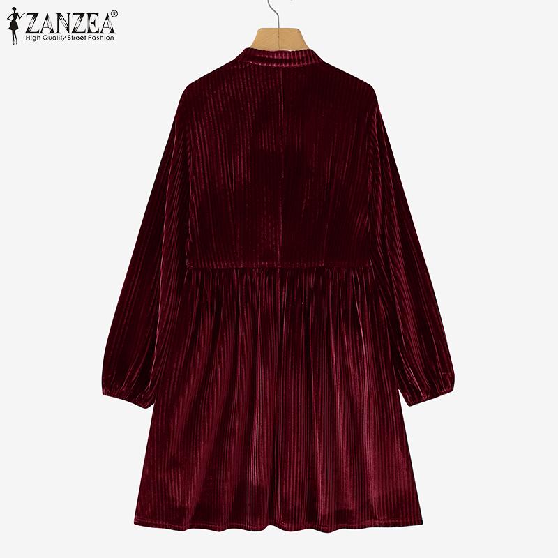 ZANZEA Damen Vintage Stehkragen Langarm Taille Samtkleider
