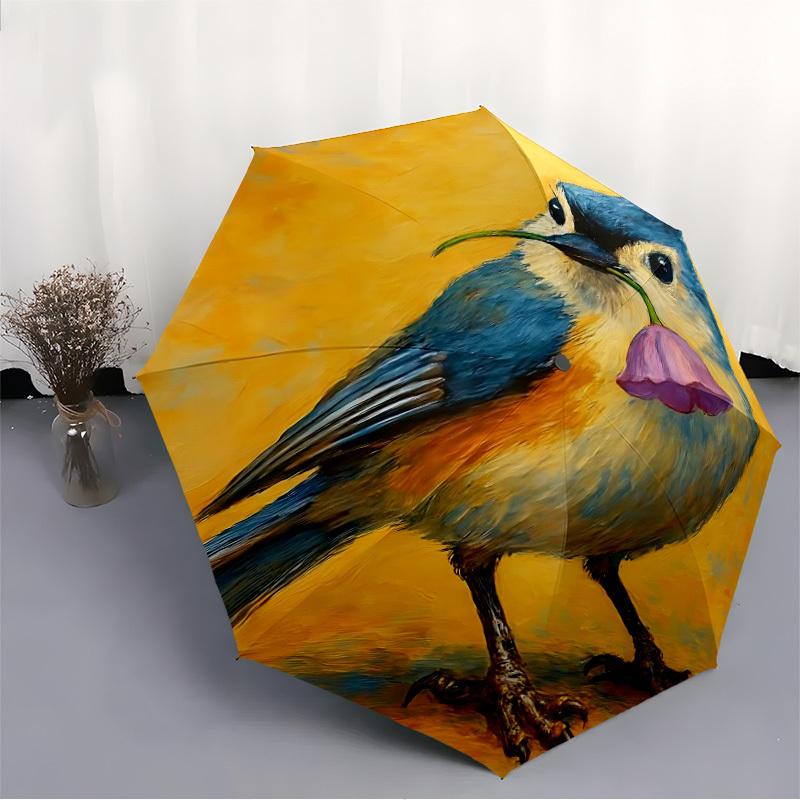 1pc Bird Flower Automatic Folding Umbrella - Compact 8-Rib Design, Durable Plastic & Iron, Daily Use Z1230052