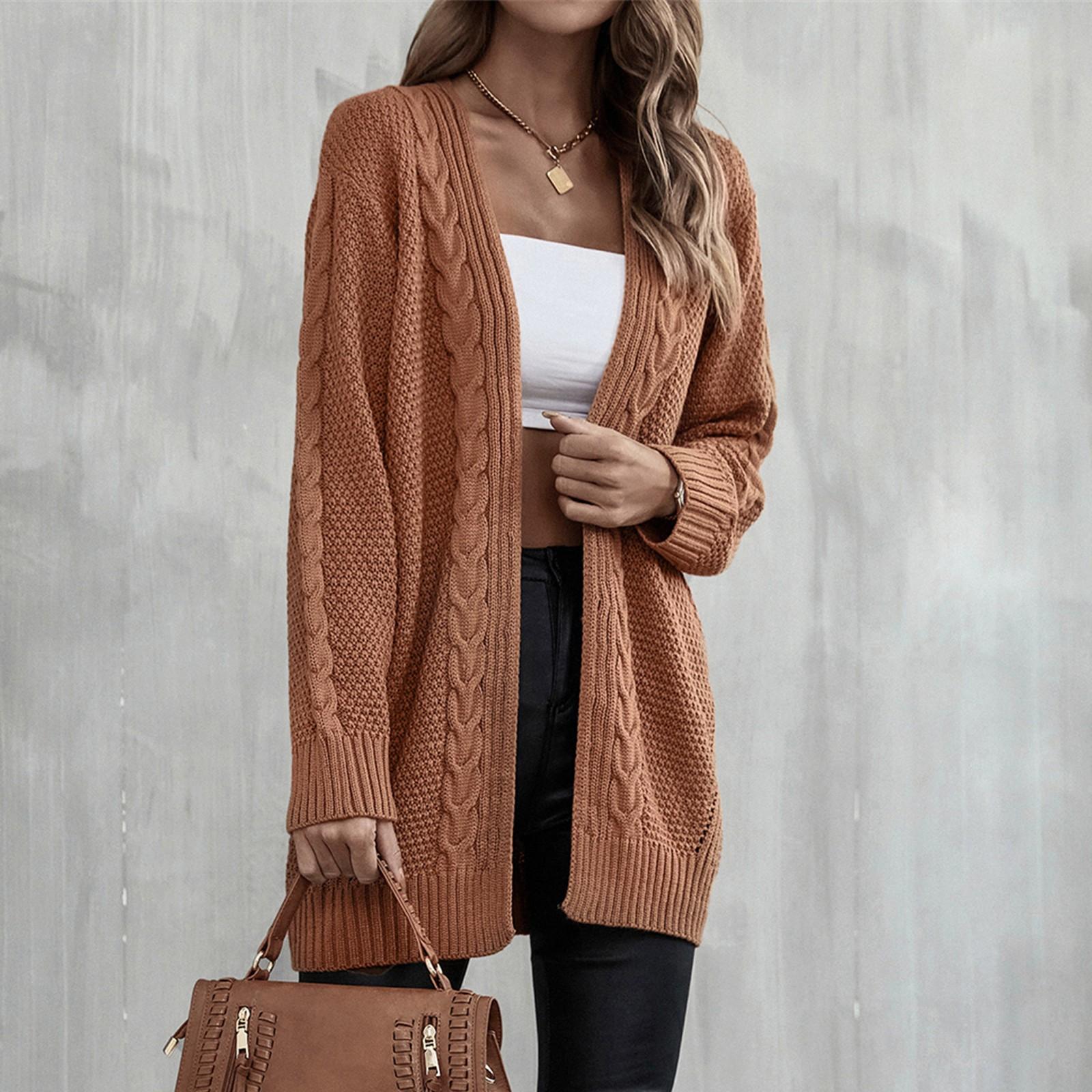 

Модный женский длинный рукав вязаный и зимний кардиган свитер однотонное пальто L верблюд