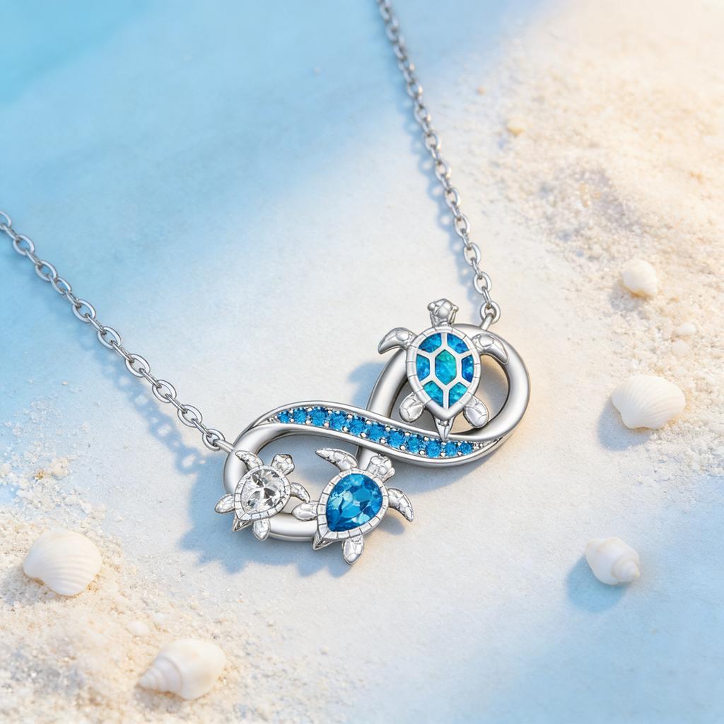 Turtle Necklace for Women Mom Copper Color Infinity Sea Turtle Pendant Necklaces Opal Tortoise Ocean Wave Zircon Mothers Day