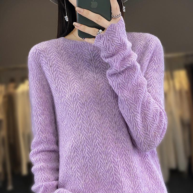 Women's 100% Pure Wool Loose Knit Hollow-Out Pullover Sweater