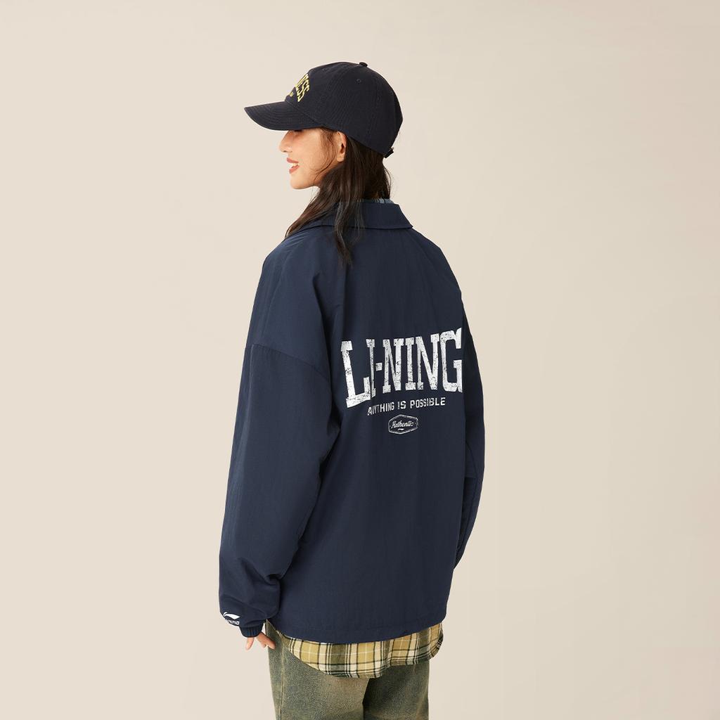Série Estilo de Vida Esportivo Li Ning High Street Vintage Americano Casual Simples Cor Sólida Polo Carta Jaqueta de Botão Único Jaqueta Unissex AJDV079-1