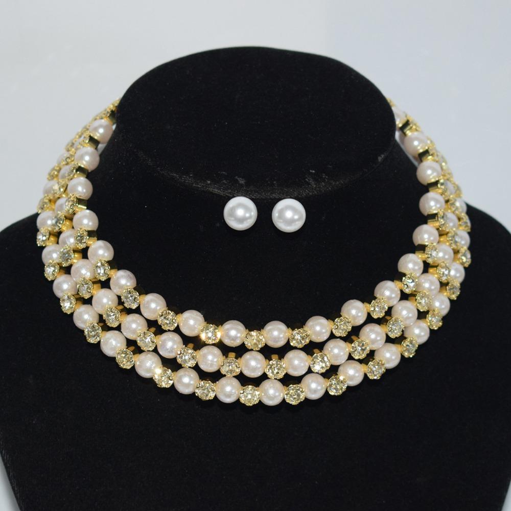 Bridal Wedding Pearl Rhinestone Bundle Neck Chain Collar Bracelet Stud Earrings Three-piece Amazon Claw Chain Set