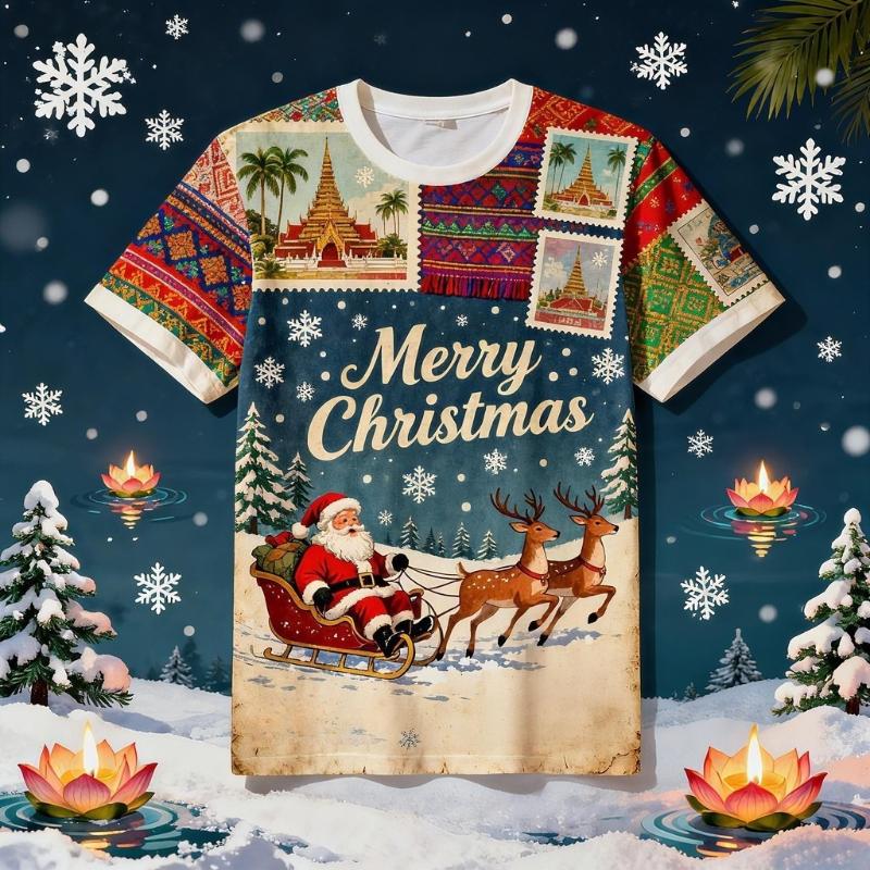Children's Santa Claus Print Round Neck New Year T-shirts Kids Unisex Comfortable Fashionable Top Short Sleeved