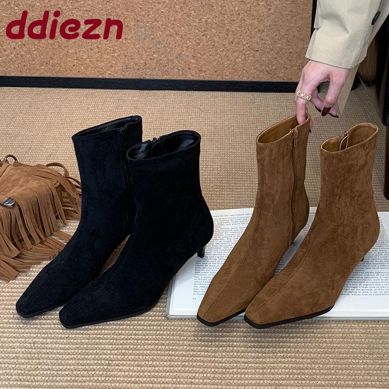 Mode Mode Niedriger Absatz Schuhe Flock Damen Knöchel Modern Stiefel Mit Schuhen Spitze Zehenpartie Damen Kurze Stiefeletten Reißverschlüsse Schuhe Damen Pumps