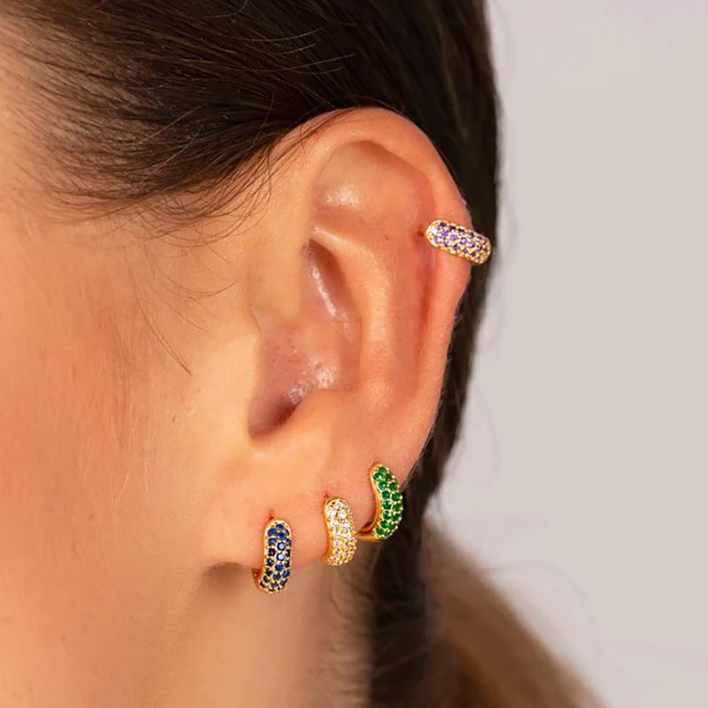 2 Stück Edelstahl Huggie Minimal Creolen für Damen Kleiner Mehrfarbiger Kristall Großer Runder Kreis Ohrring Piercing Schmuck