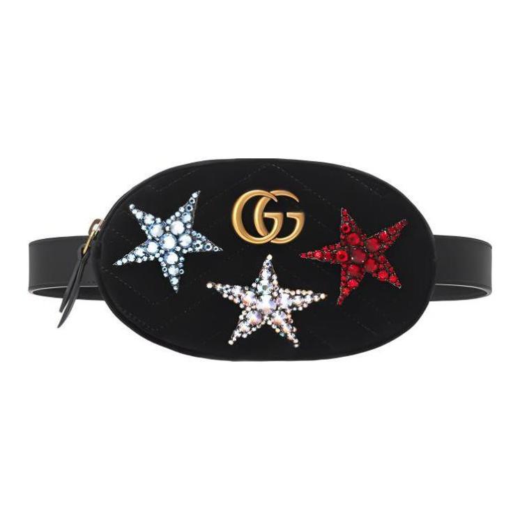

Gucci Marmont Gold Logo Diamond Star Embellished Unique Quilted Velvet Waist Bag Women waist bag Black 476434-9QIGT-1093 Box(Basic Set+Box)