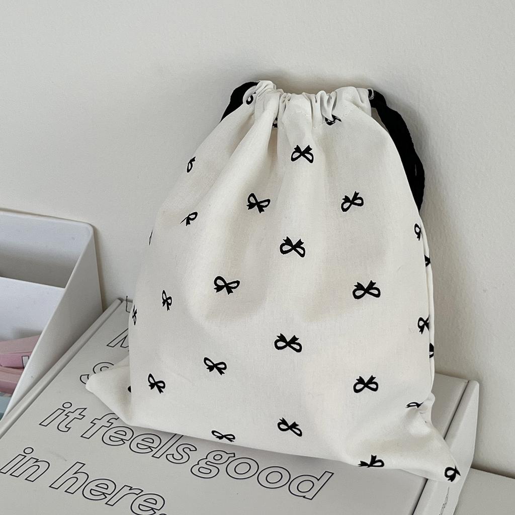 Sweet Bow Print Women's Storage Bag Cute College Girls Canvas Drawstring Bags Simple Female Portable Travel Makeup Case Handbags