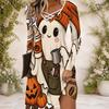 Women Criss Cross V Neck Long Sleeve Halloween Printed Curved Hem Dress