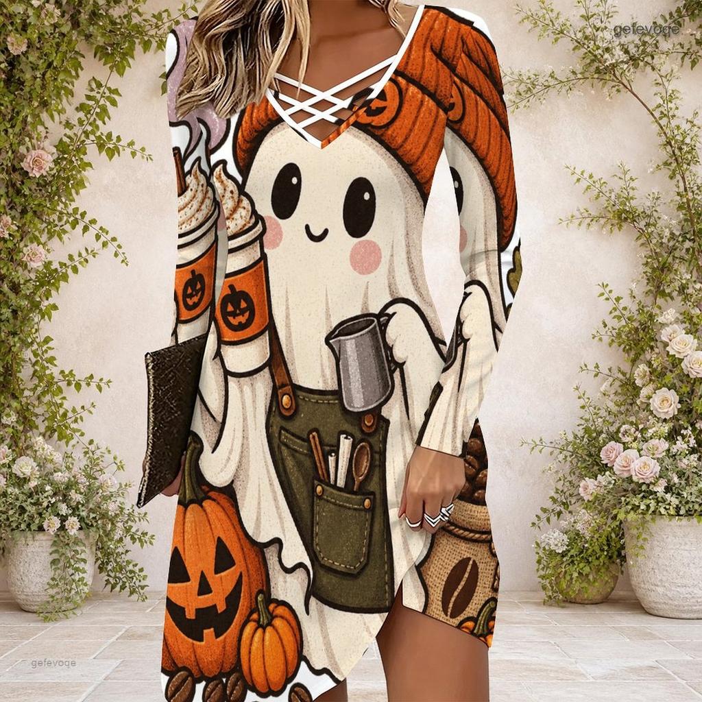 Women Criss Cross V Neck Long Sleeve Halloween Printed Curved Hem Dress