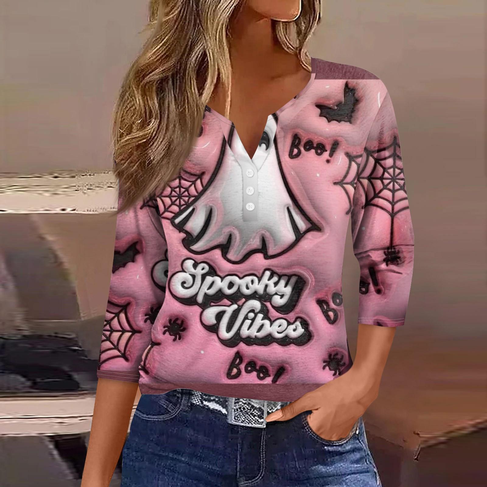 

Женская футболка с V-образным вырезом на пуговицах, с рукавом три четверти, на Хэллоуин XL