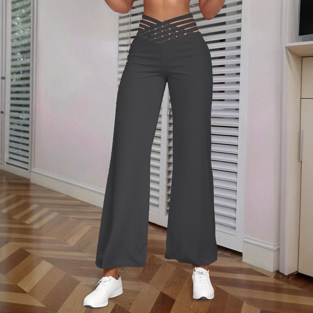 Damenhose mit hohlem Gürtel, Temperament, Schlaghose, hohe Taille, lässige Hose mit weitem Bein