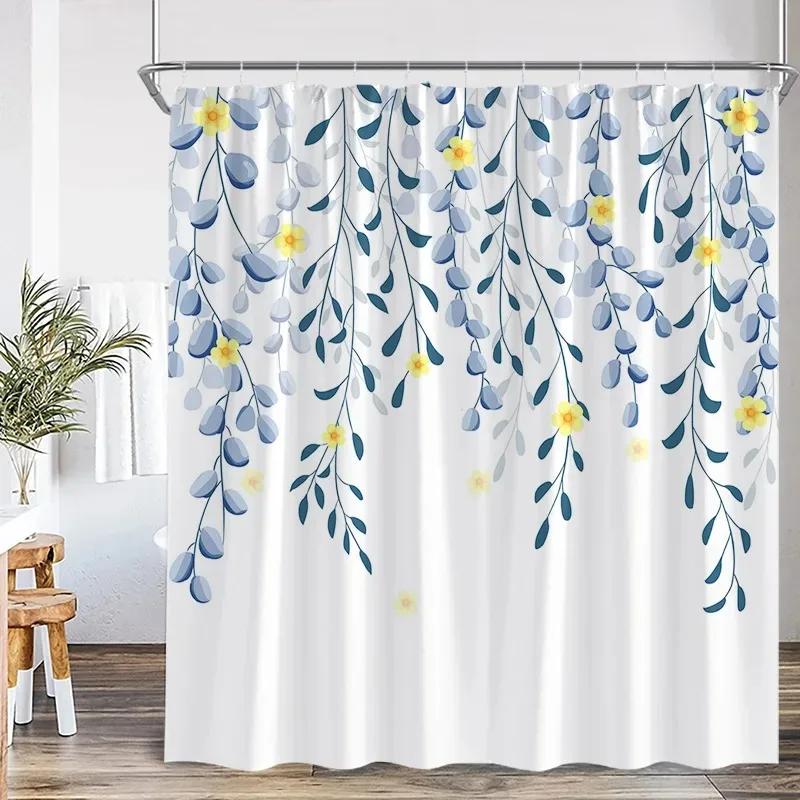 Blue Leaf Watercolor Plant Shower Curtain Modern Minimalist Home Bathroom Decorative Fabric Shower Curtain with Hook