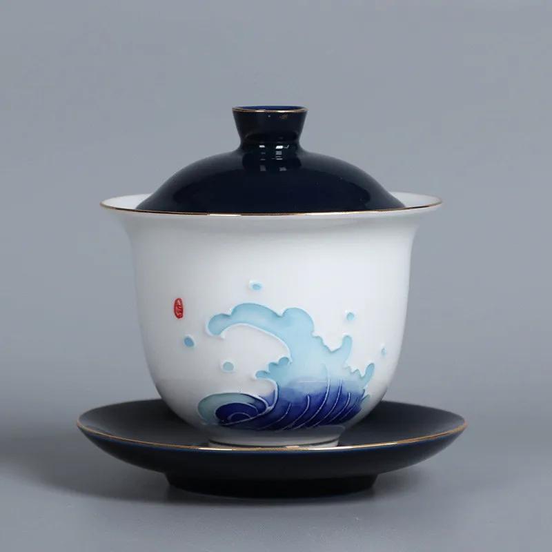 High Quality White Porcelain Gaiwan Portable Ceramic Tea Set Chinese Hand Painted Tea Bowl Tea Ceremony Accessories 170ml