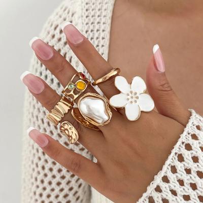 Ingemark 6Pcs/Set Vintage Flower Open Rings for Women 2026 New Fashion Boho Imitation Pearl Crystal Ring Y2K Bridal Jewelry Gift