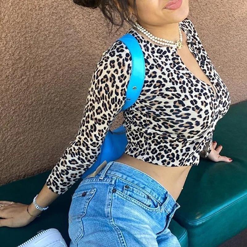 Autumn Women Leopard Print Long Sleeve T-shirt  Sexy Crop Top Streetwear Women Clothes