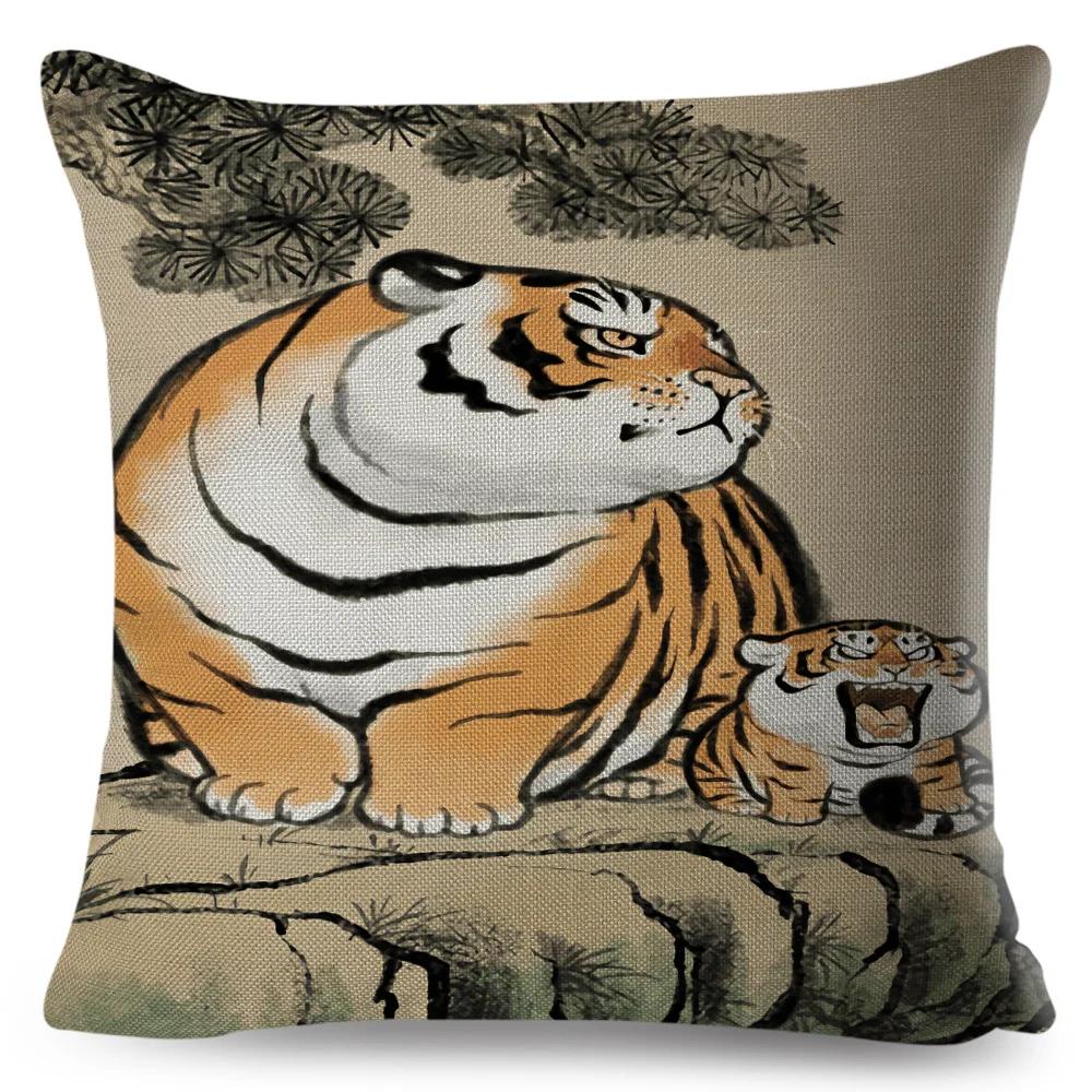 Funny Fat Tiger Cushion Cover Decor Cute Cartoon Animal Pillow Case for Sofa Home Car Linen Chinese Ink Throw Pillowcase