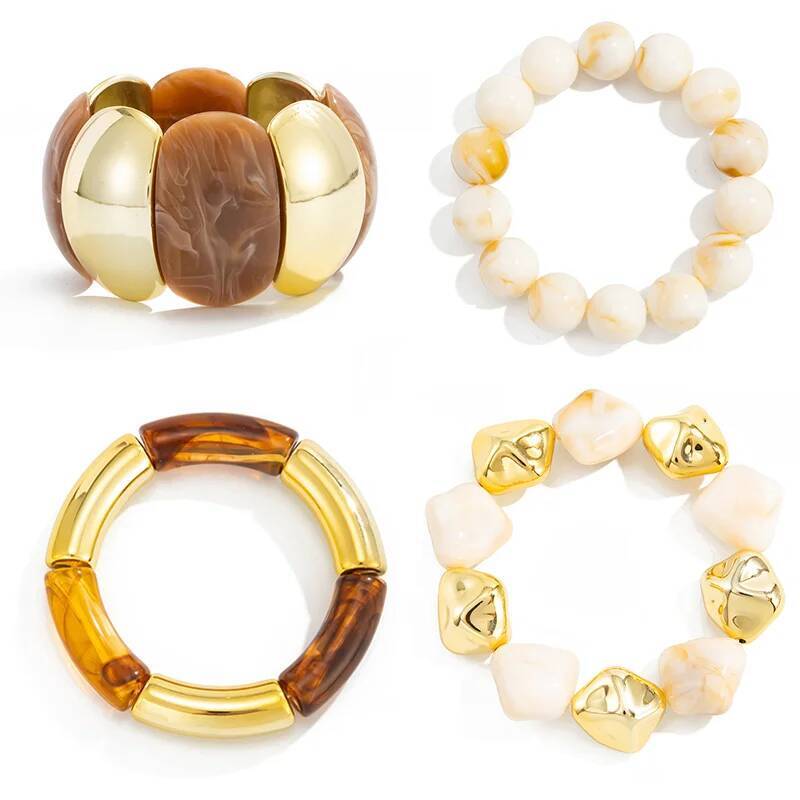 Salircon 4 Styles New Vintage Beige Coffee Resin Beaded Chain Bangle Bracelets Spliced Acrylic Bracelet for Women Ethnic Jewelry