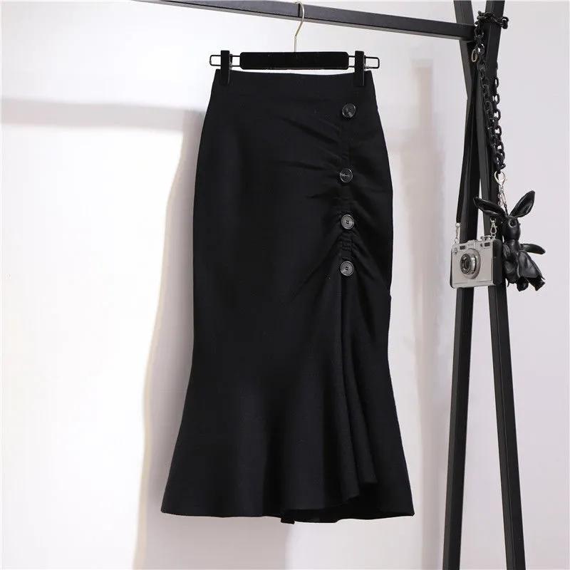 

Vintage High Waist Buttons Women s Skirt Korean Fashion Mermaid Mid Calf Long Skirts Women Spring M чёрный