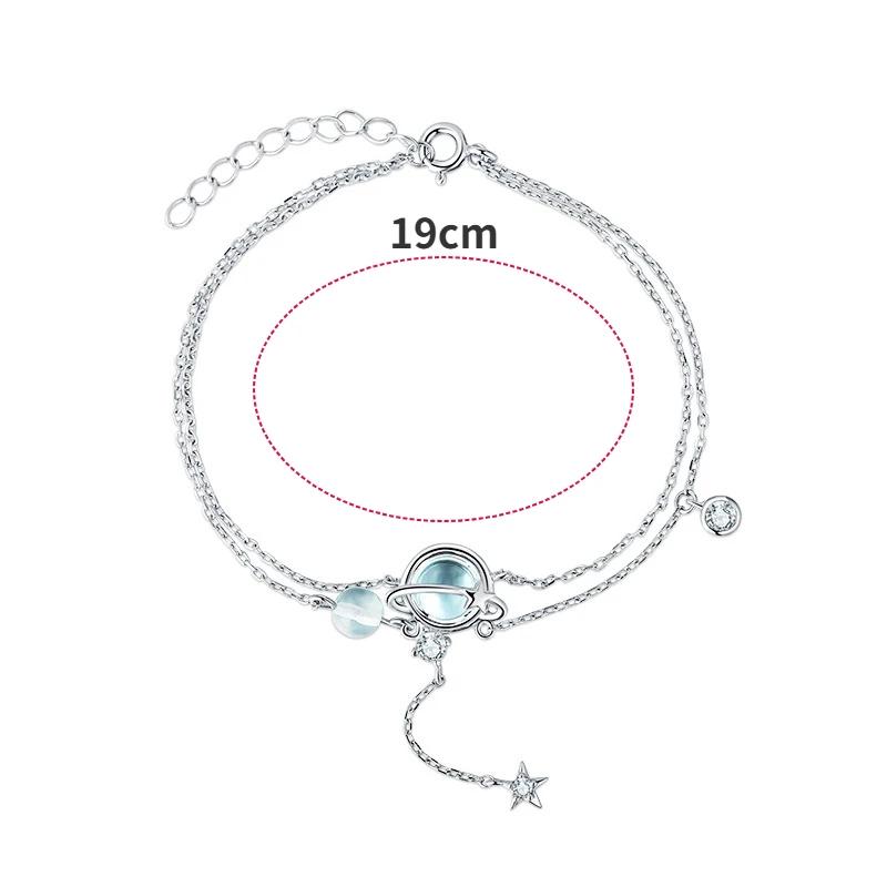 925 Silver 19CM Double Bracelet Aquamarine Crystal Encrusted Bracelet Elegant Feminine Trend Jewelry