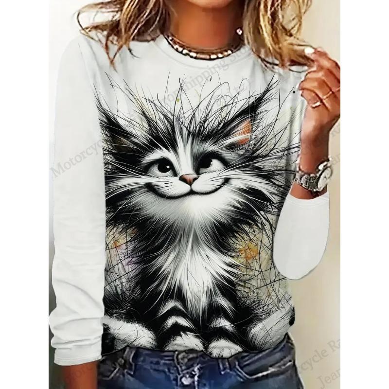 Two Cute Cat Patterns Graphic 3d Print T-Shirt Women's Long Sleeve T-shirt Women Clothing Top Fashion Casual Oversized Tops Tees