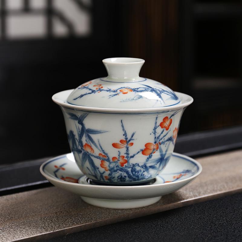 Ceramic Single Lid Bowl, Large Capacity Chinese Blue and White Three Piece Cover Bowl, Retro Tea Maker, Tea Cup