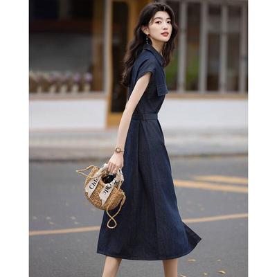 Demana Women's Summer Urban Denim Midi Dress with Belt
