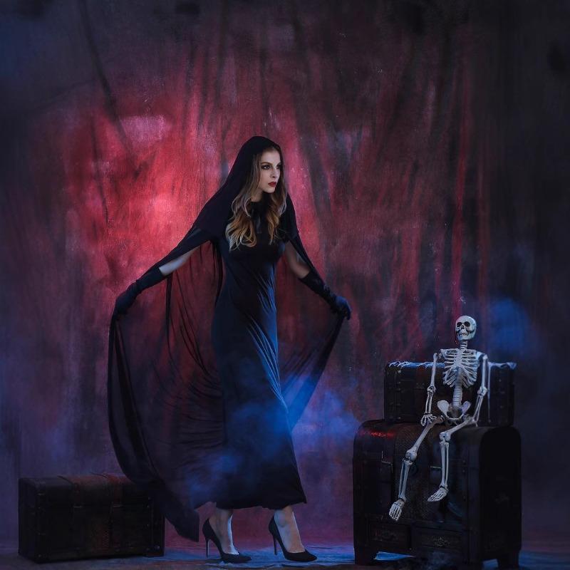 Halloween black devil costume, cape of death, vampire witch costume, masquerade, stage costume