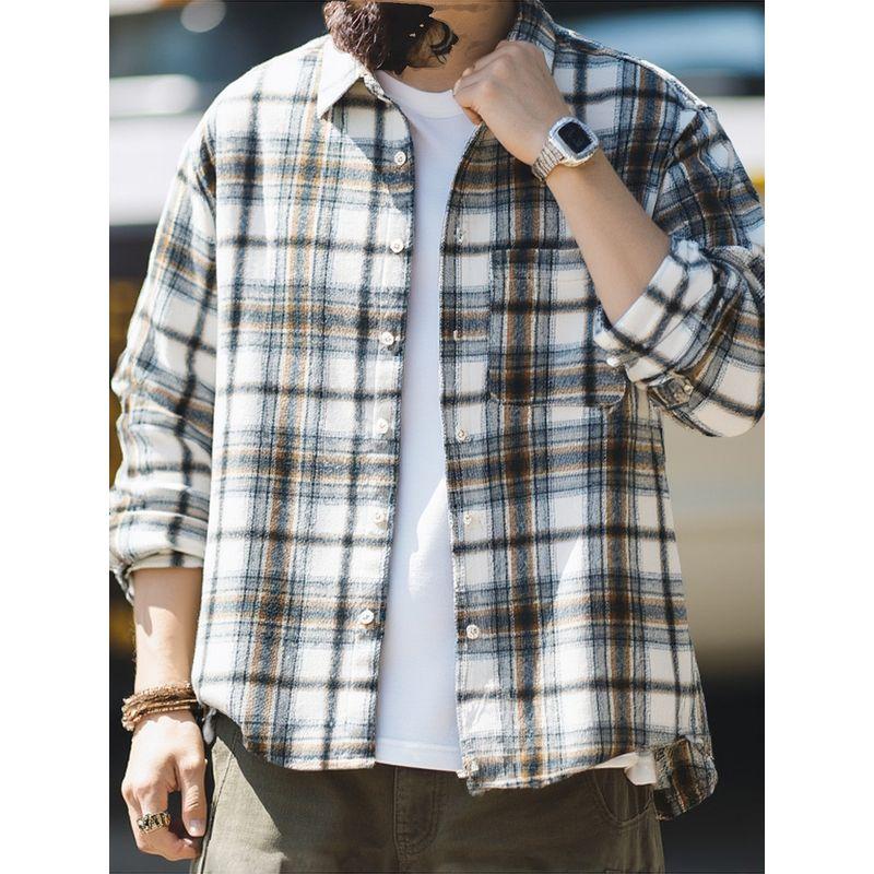 American Retro Flannel Brushed Loose Plaid Shirt Men's Spring and Autumn Jacket Foreign Trade Men's Casual Plaid Shirt