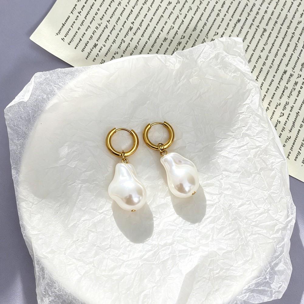 European and American 18K Gold Plated Stainless Steel Irregular Pearl Hoop Earrings