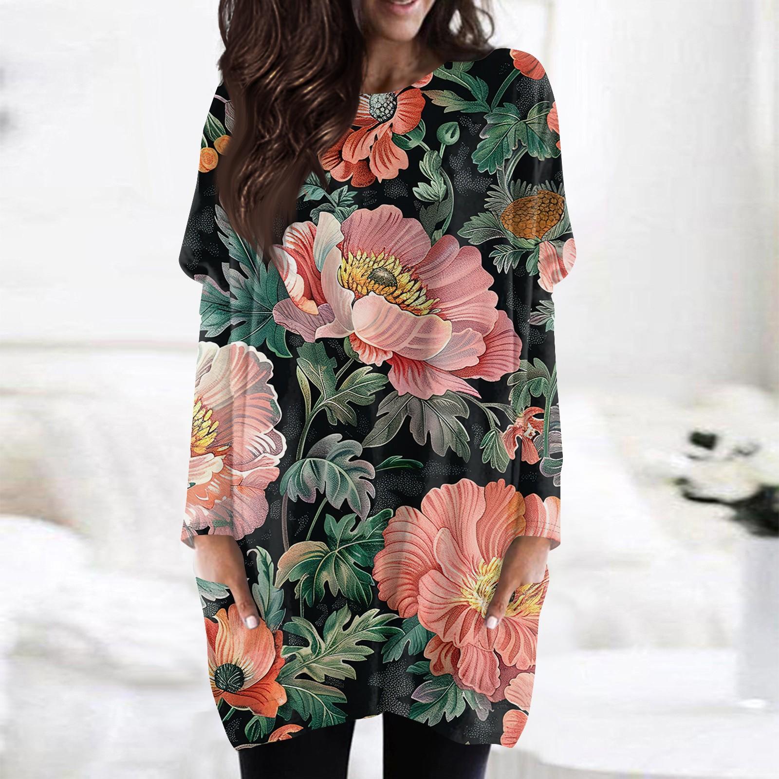 

Жіноча модна повсякденна футболка з принтом і круглим вирізом із подвійними кишенями з довгими рукавами M рожевий