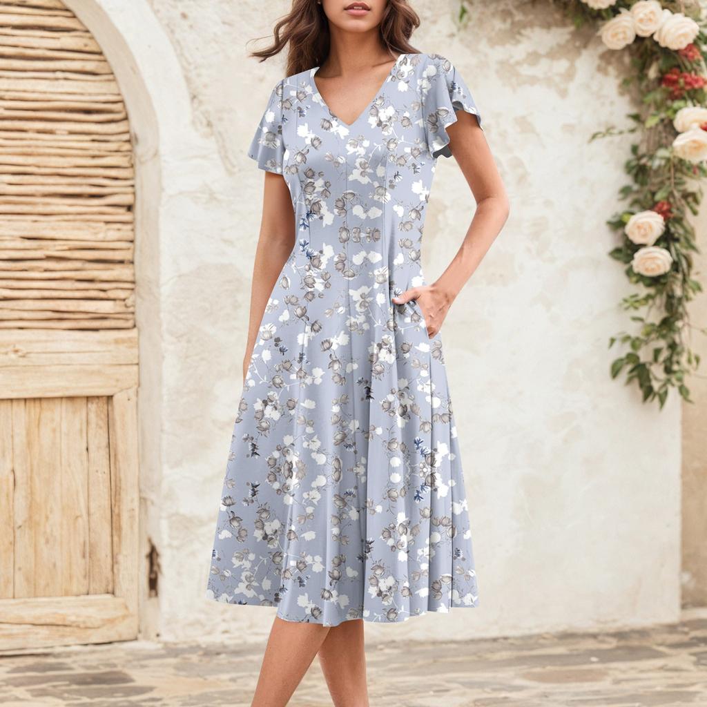 Rochie Midi Elegantă Retro de Vară pentru Femei cu Mâneci Volan V-Gât