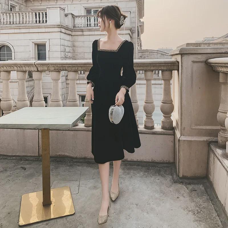 2022 Elegant Black Evening Dress for French Annual Meeting, Light Luxury Host Dress for Women