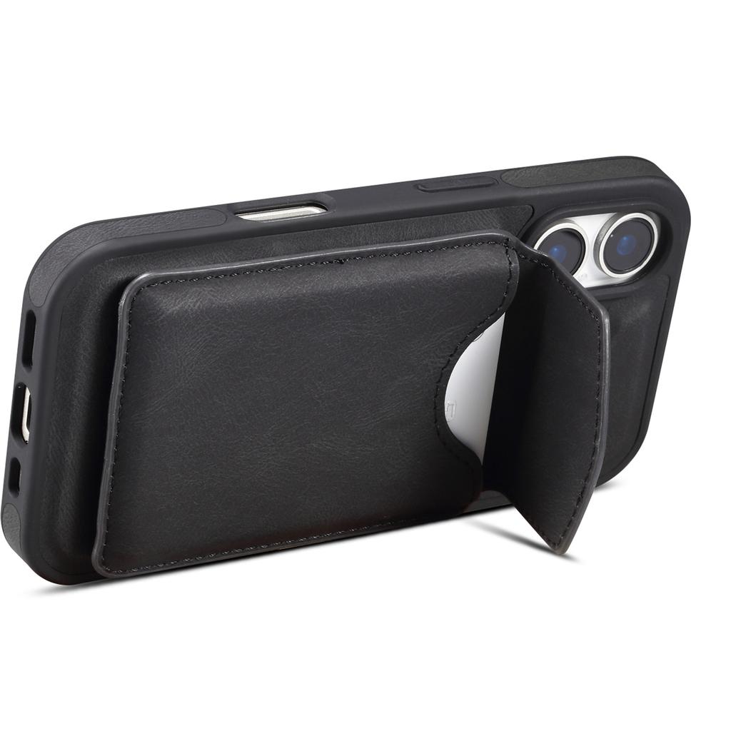 DENIOR D19 For iPhone 16 Magnetic Case Leather+PC+TPU Cover with Detachable Card Bag