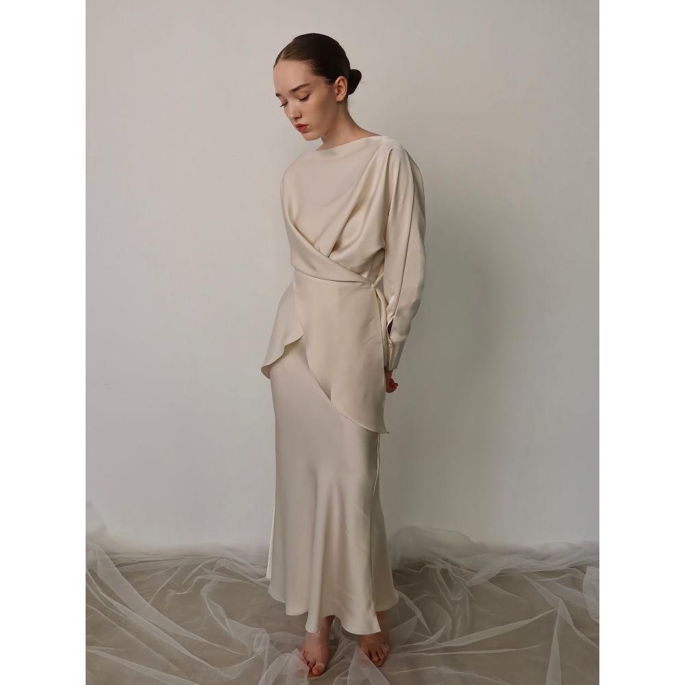 Women's Loose Skirt Suit Long Sleeve Blouse Elastic Waist Mermaid Skirt Satin Solid Elegant Two Piece Party Matching Set