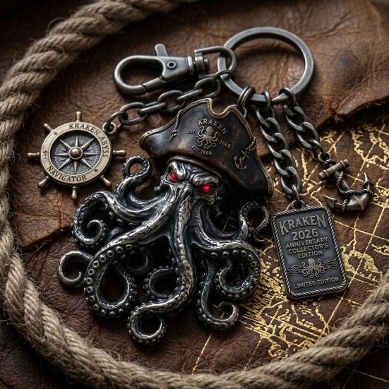 Pendentif Porte-clés avec Boussole Fermoir mousqueton Style Pirate Pendentif en métal Texture Oxydation Vieillie Design Œil Rouge Forme de Poulpe Porte-clés