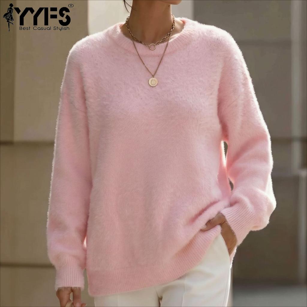 YYFS Women's Fashion Casual Fall Winter Solid Color Print Long Sleeve O-Neck Sweaters