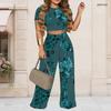 Dames Grote Maten Geometrisch Bedrukte Ronde Hals Korte Mouwen Cropped Top Wijde Pijpen Broek Tweedeelig Pak