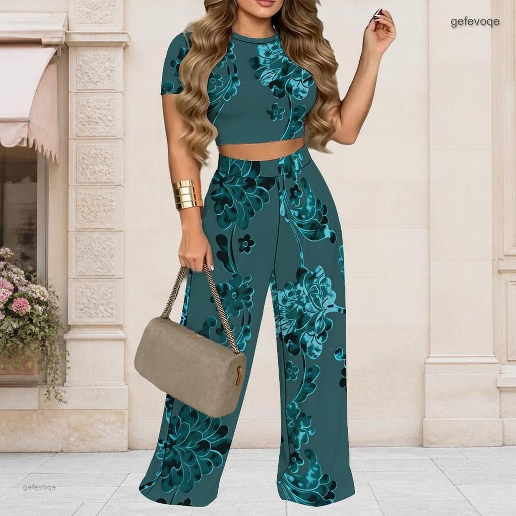 Dames Grote Maten Geometrisch Bedrukte Ronde Hals Korte Mouwen Cropped Top Wijde Pijpen Broek Tweedeelig Pak