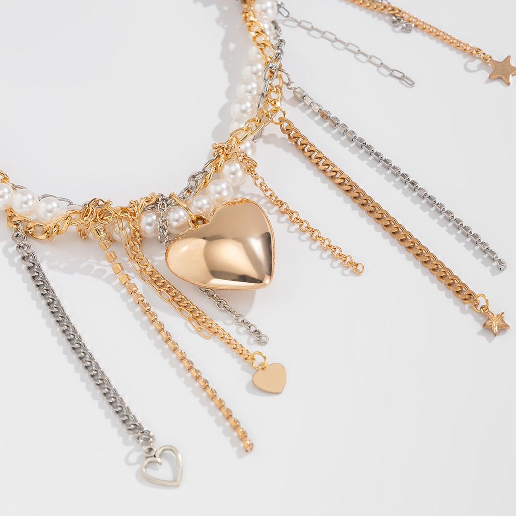 Fashion Imitation Pearl Heart-shaped Fringed Necklace, Exaggerated Big Love Pendant, Metal Chain, Collarbone Chain