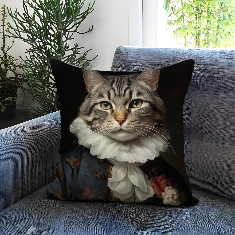 Renaissance Royal Cat Funny Cushion Cover Comfortable Reversible Pillow Cover Ideal for Car Sofa Bedroom & Beyond