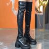 Cizme cu toc înalt cu talpă groasă și vârf rotund pentru femei, cizme elastice, toamnă și iarnă, noi, versatile și subțiri, temperament subțire, cizme peste genunchi