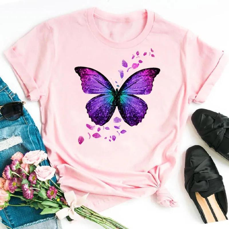Unisexs Colorful Butterfly Petal Print Tshirt Short Sleeve Round Neck Cute Graphic Tee Shirts Female Tops Clothes