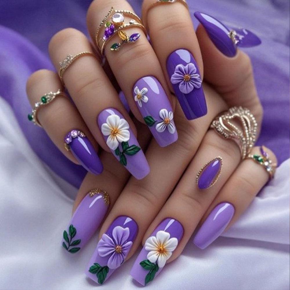 Romantic Purple Floral Ballet Medium Nails - 24-Piece Fashionable Manicure Set