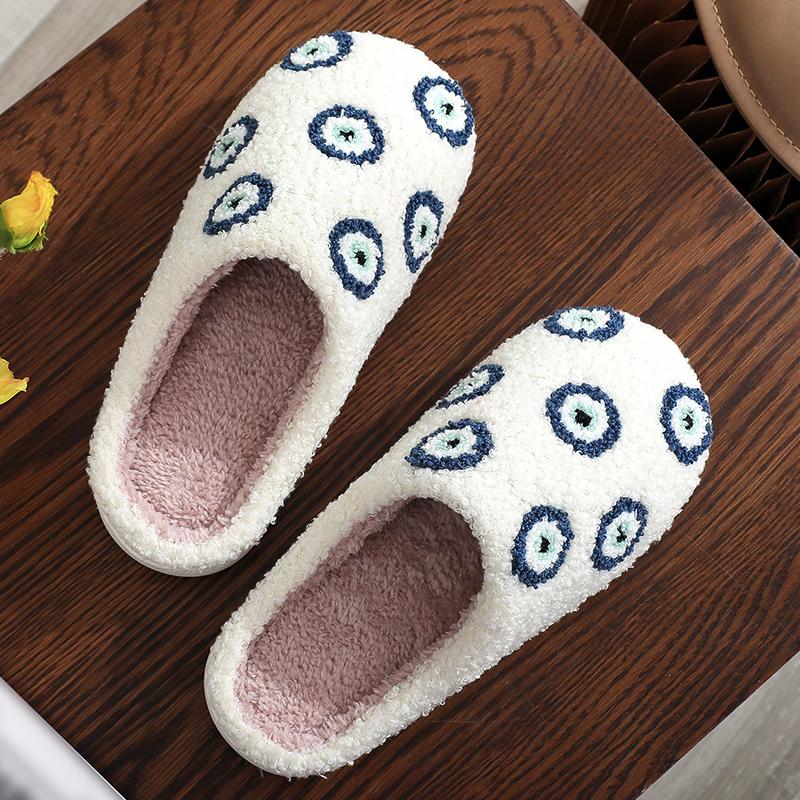 Fashion All Match Cartoon Eyes Cotton Women Slippers Winter White Faux Fur Pull On Slides Woman Non Slip Soft Bottom Plush Shoes Female