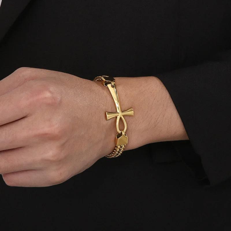 Bracelet Vintage Charm Pendant Amulet Talisman Ankh Cross Men Women Stainless Steel Egypt Egyptian Key Life Religious Jewelry Gift Hip Hop Rock Goth