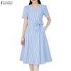 ZANZEA Women Casual V-Neck Short Sleeve Bows Splice Stripe Print A-line Dress