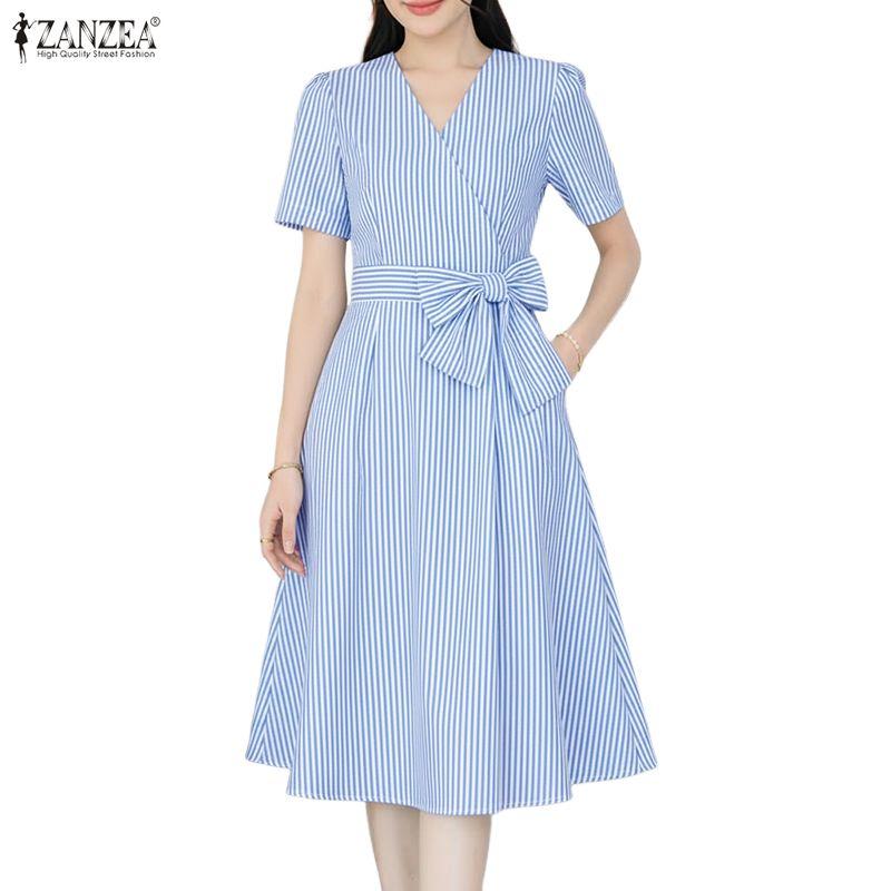 ZANZEA Women Casual V-Neck Short Sleeve Bows Splice Stripe Print A-line Dress